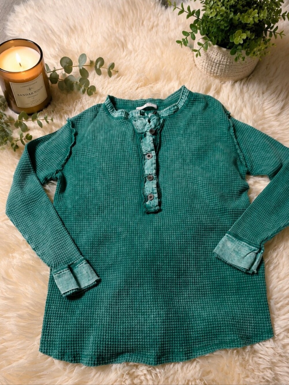 Zenana Mineral Wash Waffle Henley Women's Small Cotton